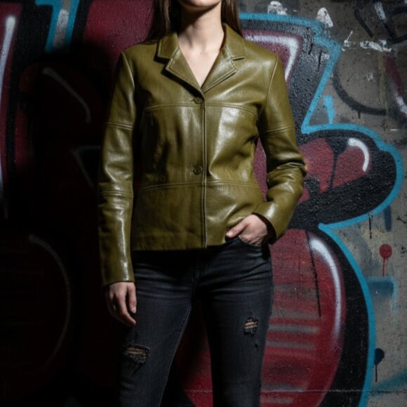 Dollhouse Olive Green Vegan Leather Jacket Medium Y2K Edgy Boxy Indie Grunge - Picture 1 of 13